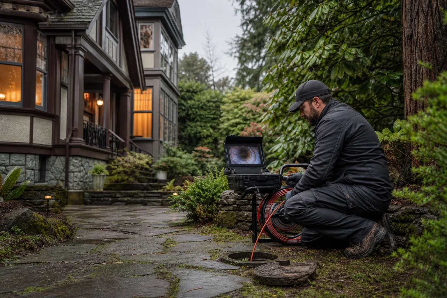 Illustrative technician beside sewer camera equipment
